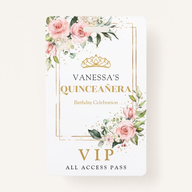 Boho blush pink roses gold tiara sage Quinceanera ID Badge (Front)