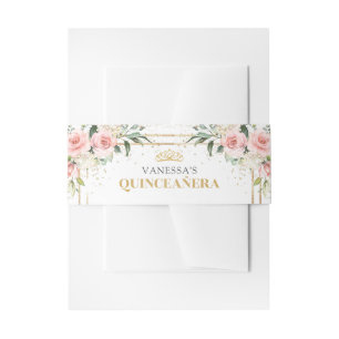 Boho Blush pink roses gold tiara sage Quinceañera Invitation Belly Band