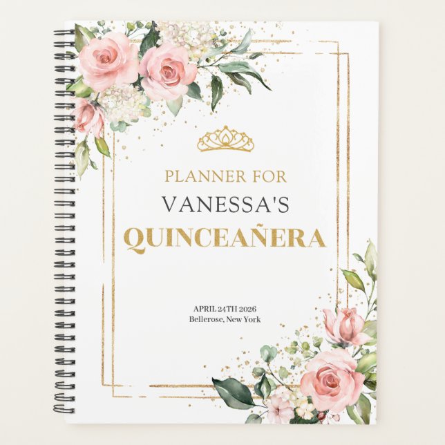 Boho Blush pink roses gold tiara sage Quinceanera Planner (Front)