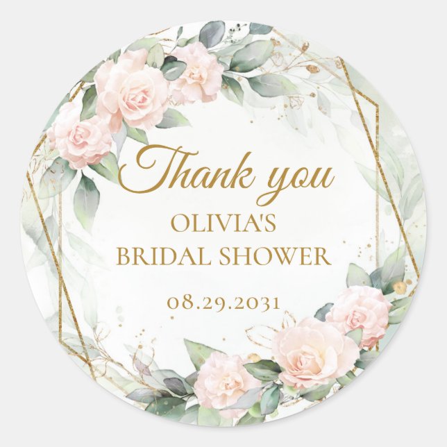 Boho blush pink roses greenery and gold frame classic round sticker (Front)