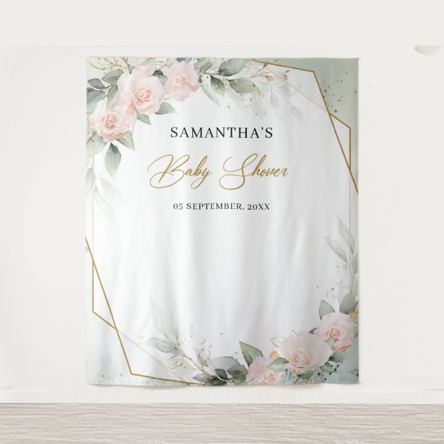 Boho blush pink roses greenery gold baby shower tapestry (Front)