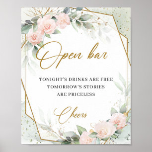 Boho blush pink roses greenery gold frame open bar poster