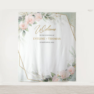 Boho blush pink roses greenery gold frame wedding tapestry