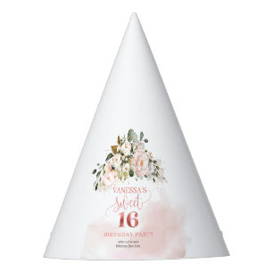 Boho blush pink roses rose gold green sweet 16th party hat