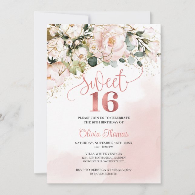 Boho blush pink roses rose gold sage sweet sixteen invitation (Front)
