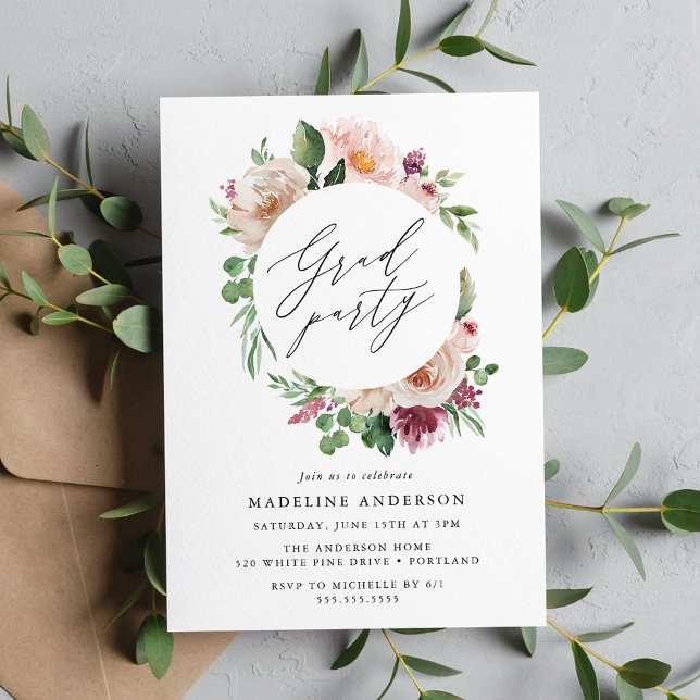 Boho Blush Pink Spring Floral Graduation Party Invitation (Creator Uploaded)