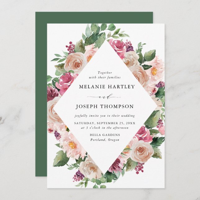 Boho Blush & Pink Spring Floral Wedding Invitation (Front/Back)