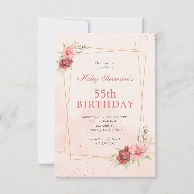 Boho Blush Pink Terracotta Floral 55th Birthday Invitation (Front)