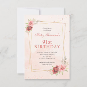 Boho Blush Pink Terracotta Floral 91st Birthday Invitation