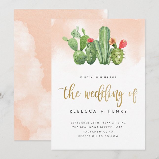 Boho Blush Pink Watercolor & Cactus Wedding Invitation (Front/Back)