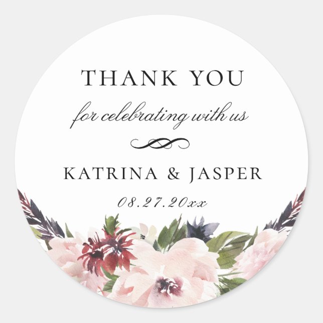 Boho Blush Plum Floral Wedding Favour Classic Round Sticker (Front)