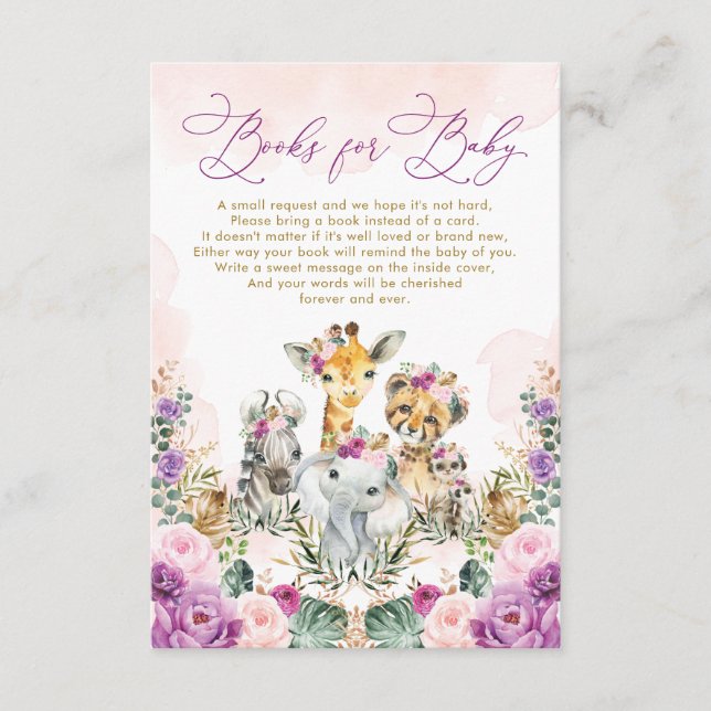 Boho Blush Purple Jungle Safari Books for Baby Enclosure Card (Front)
