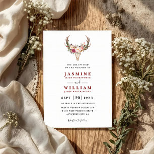 Boho Blush Red Floral Antler Skull QR Code Wedding Invitation