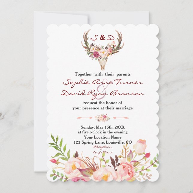 Boho Blush Red Floral Antler Skull Wedding Invitation (Front)