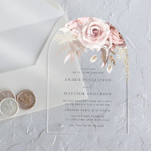 Boho Blush Rose Arch Wedding Acrylic Invitations