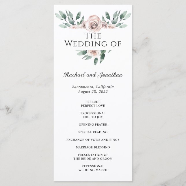 Boho Blush Rose Floral Wedding Program Programme (Front)