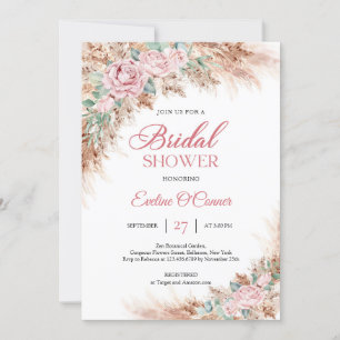 Boho Blush roses floral pampas grass greenery Invitation