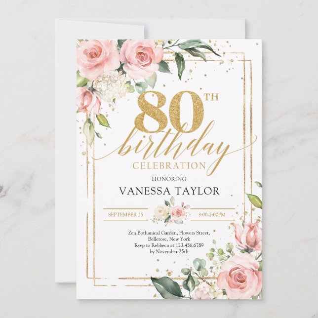Boho blush roses flowers eucalyptus 80th Birthday Invitation (Front)
