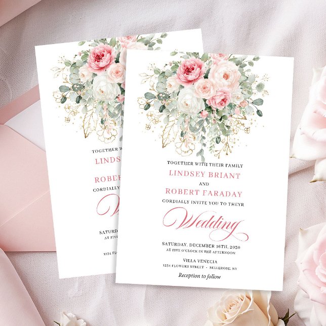 Boho Blush Roses Gold Floral Wedding Invitation (Boho Blush Roses Gold Floral Wedding Invitation)
