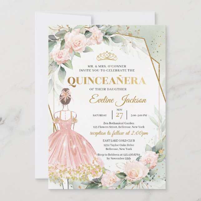 Boho blush roses gold frame ball gown Quinceanera Invitation (Front)