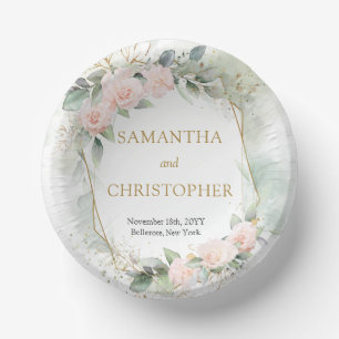 Boho blush roses gold glitter eucalyptus wedding paper plate