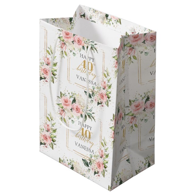 Boho blush roses green gold 40th Birthday Gift Bag (Front Angled)