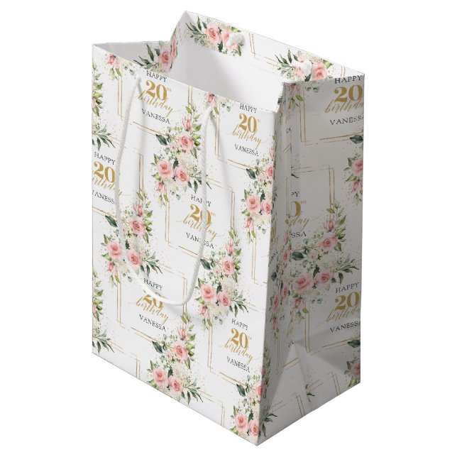 Boho blush roses green gold glitter 20th birthday medium gift bag (Front Angled)