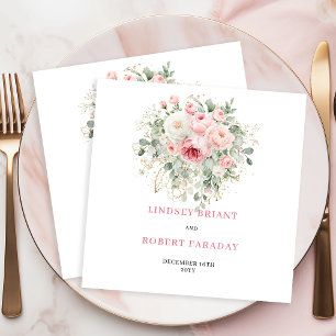 Boho Blush Roses Greenery Gold Elegant Wedding Napkin