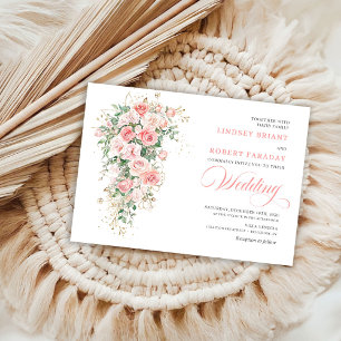 Boho Blush Roses Greenery Gold Wedding Invitation