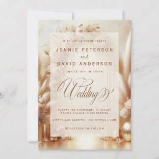 Boho Blush Roses Pampas Gold Arch Wedding Invitation
