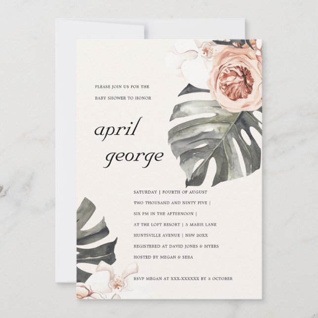 BOHO BLUSH RUST FLORA MONSTRERA BABY SHOWER INVITE (Front)