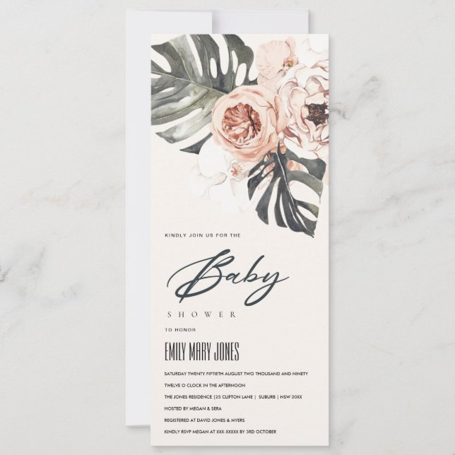 BOHO BLUSH RUST FLORAL MONSTERA BABY SHOWER INVITATION (Front)