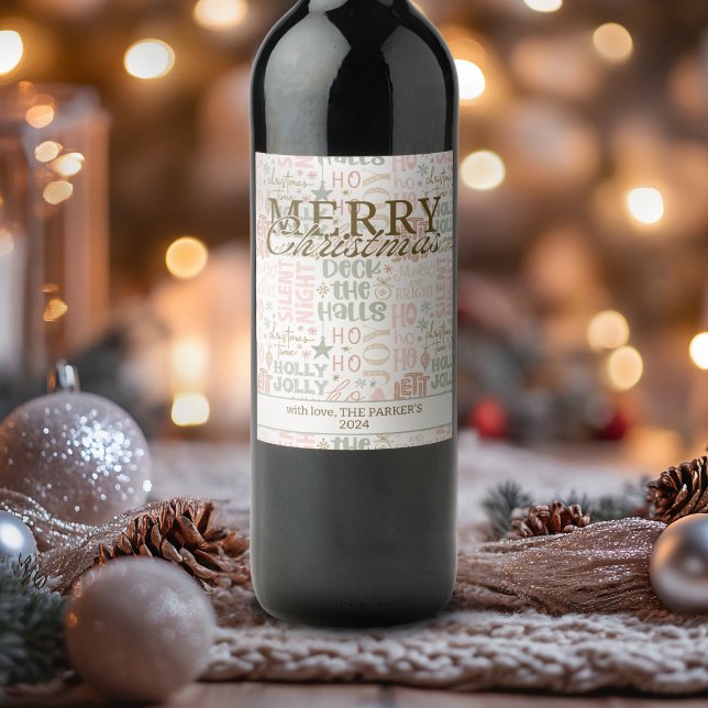Boho blush sage Merry Christmas words Wine Label (Creator Uploaded)