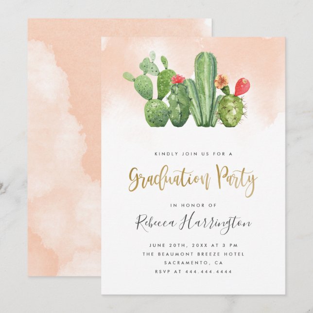 Boho Blush Watercolor & Cactus Graduation Party Invitation (Front/Back)