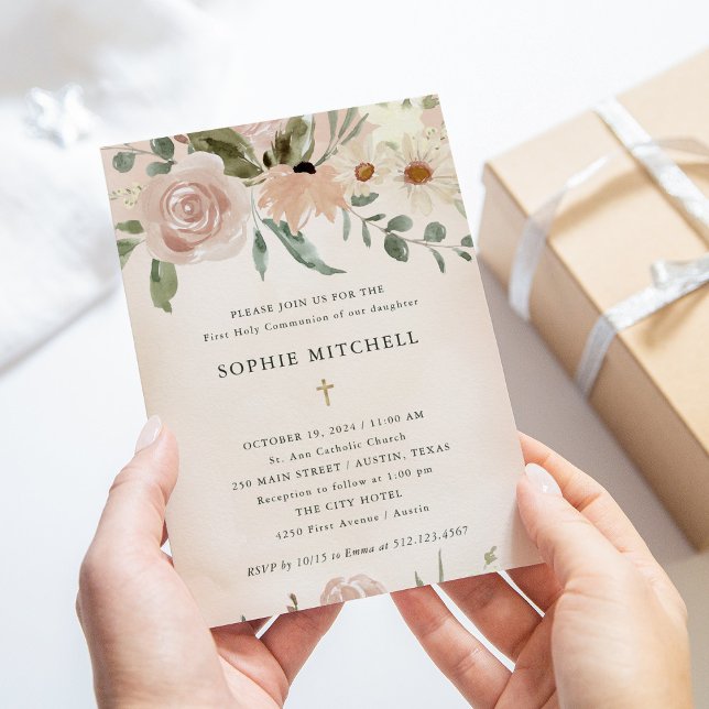 Boho Blush Watercolor Flowers First Holy Communion Invitation (Creator Uploaded)