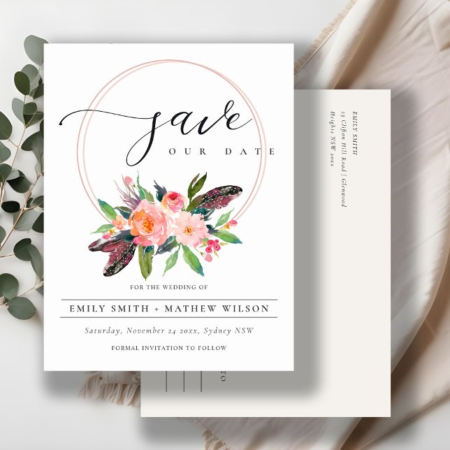 BOHO BLUSH WREATH FLORAL COUNTRY SAVE THE DATE ANNOUNCEMENT POSTCARD (Creator Uploaded)