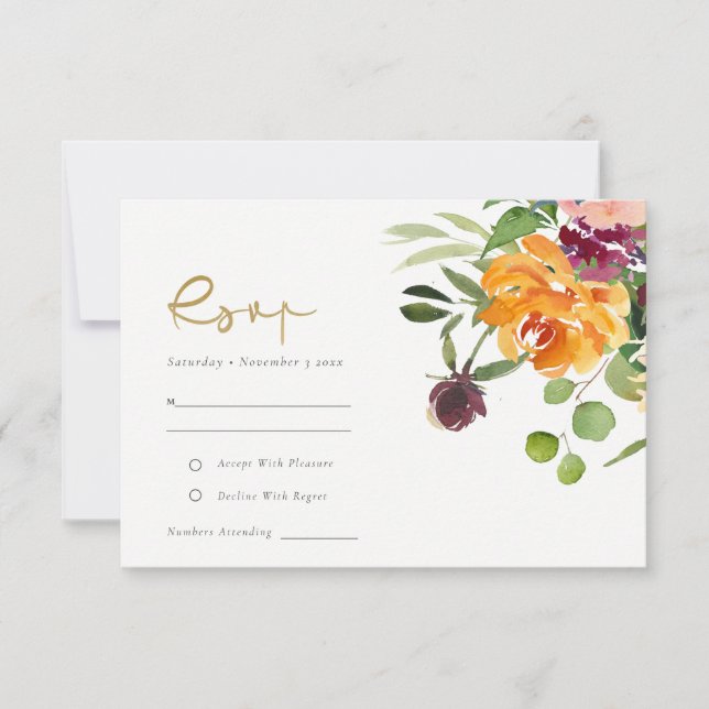Boho Blush Yellow Orange Floral Wedding RSVP Card (Front)