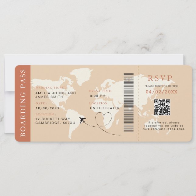 Boho Boarding Pass Destination wedding QR code  Invitation (Front)