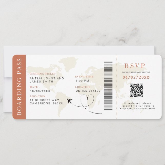 Boho Boarding Pass Destination wedding QR code  Invitation (Front)