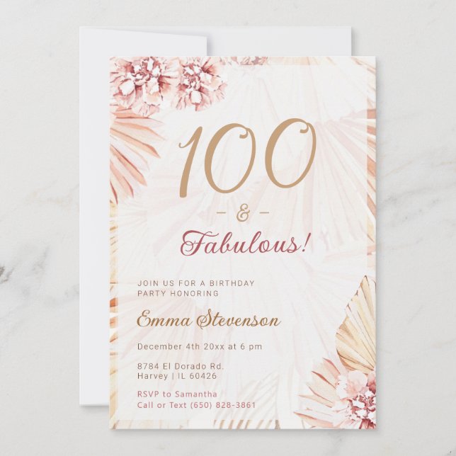 Boho Bohemian 100 Fabulous Ladies 100th Birthday Invitation (Front)