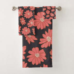 Boho Bohemian Botanical Flowers in Navy and Red  Bath Towel Set