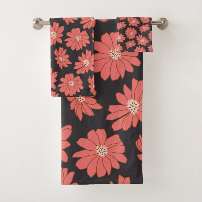 Boho Bohemian Botanical Flowers in Navy and Red  Bath Towel Set (Insitu)