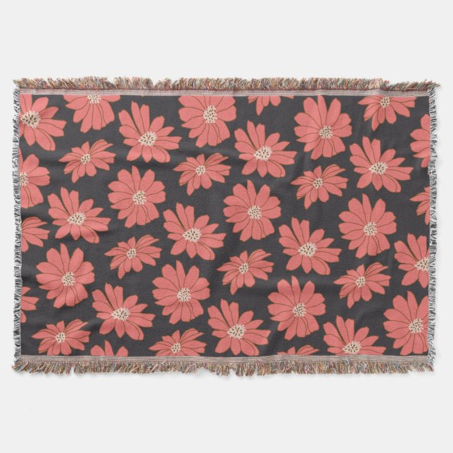 Boho Bohemian Botanical Flowers in Navy and Red   Throw Blanket (Front)