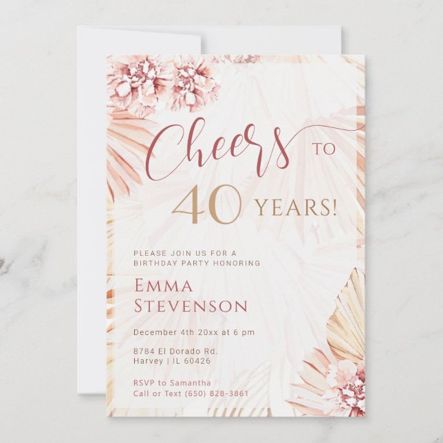 Boho Bohemian Cheers 40 Years Ladies 40th Birthday Invitation (Front)