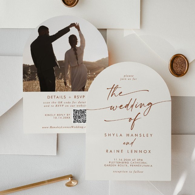 Boho Bohemian Cream Photo QR Code Arch Wedding Invitation (Creator Uploaded)