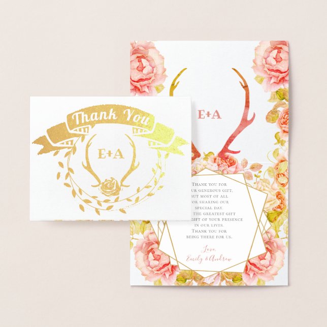Boho Bohemian Deer Antler and Roses Pink Wedding Foil Card (Display)