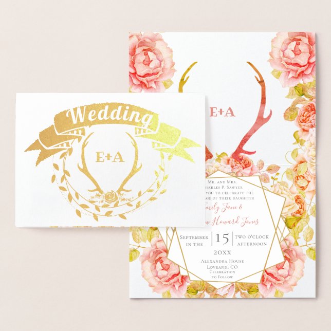 Boho Bohemian Deer Antler and Roses Pink Wedding i Foil Card (Display)
