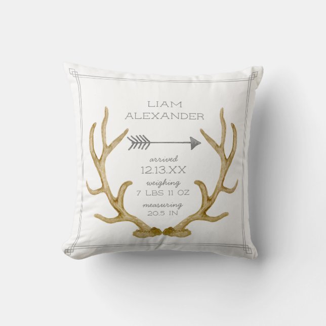 BOHO bohemian Deer Antler Arrow Baby Birth Stats Cushion (Front)