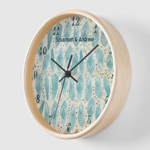 Boho Bohemian Distressed Teal Feather Pattern Wall Clock