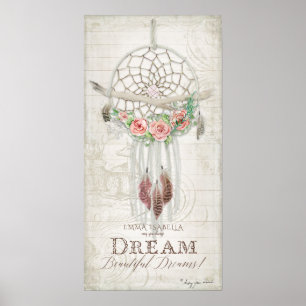 Boho Bohemian Dream Catcher Baby Name Shower Wood Poster